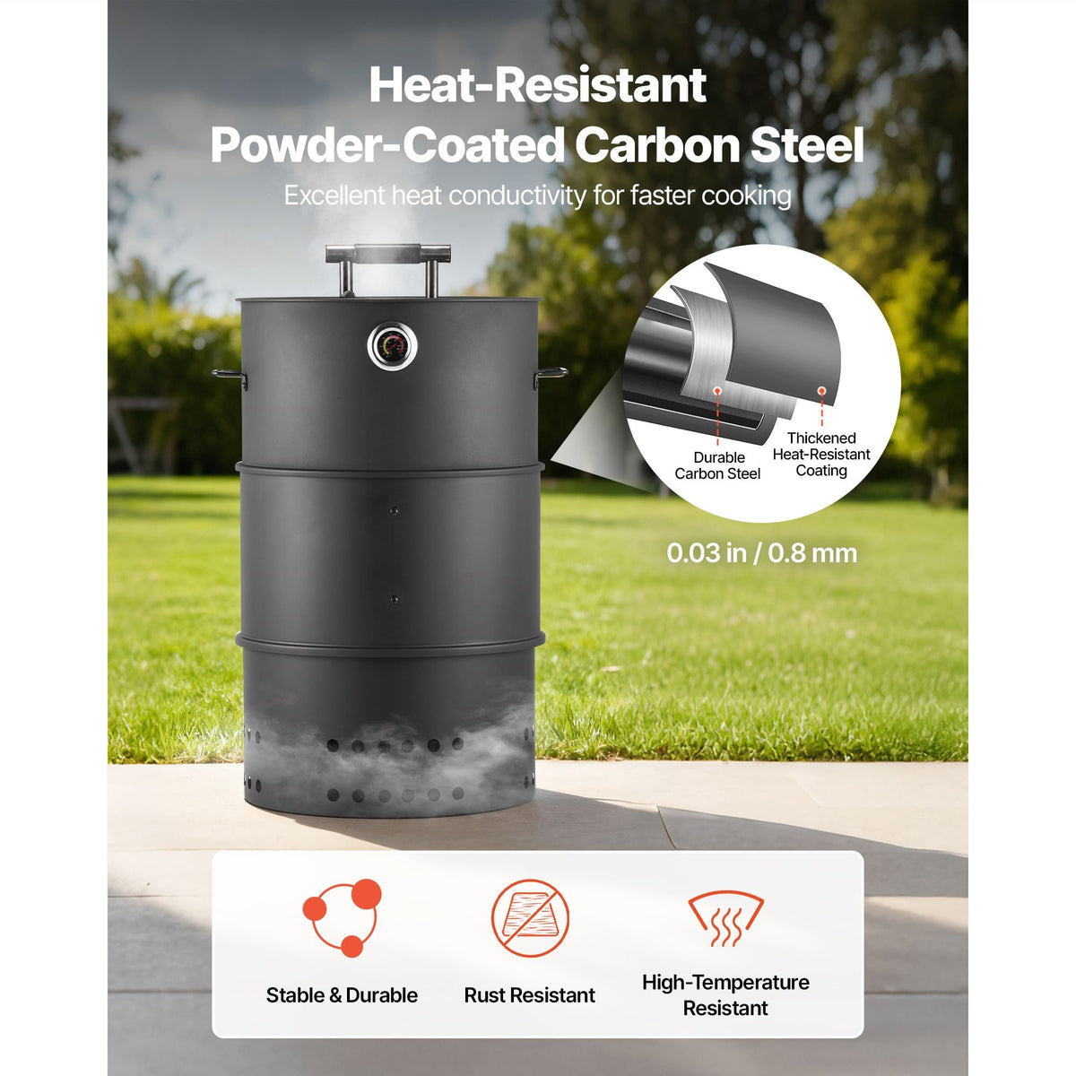 Charcoal Smoker Grill, 18.5" Barrel Charcoal BBQ Smoker, Coated Steel Outdoor Barbecue Grill with 2 Grilling Grates, 1 Hanging Rod, 6 Hooks & Thermometer, Ideal for Party Backyard Patio Cooking