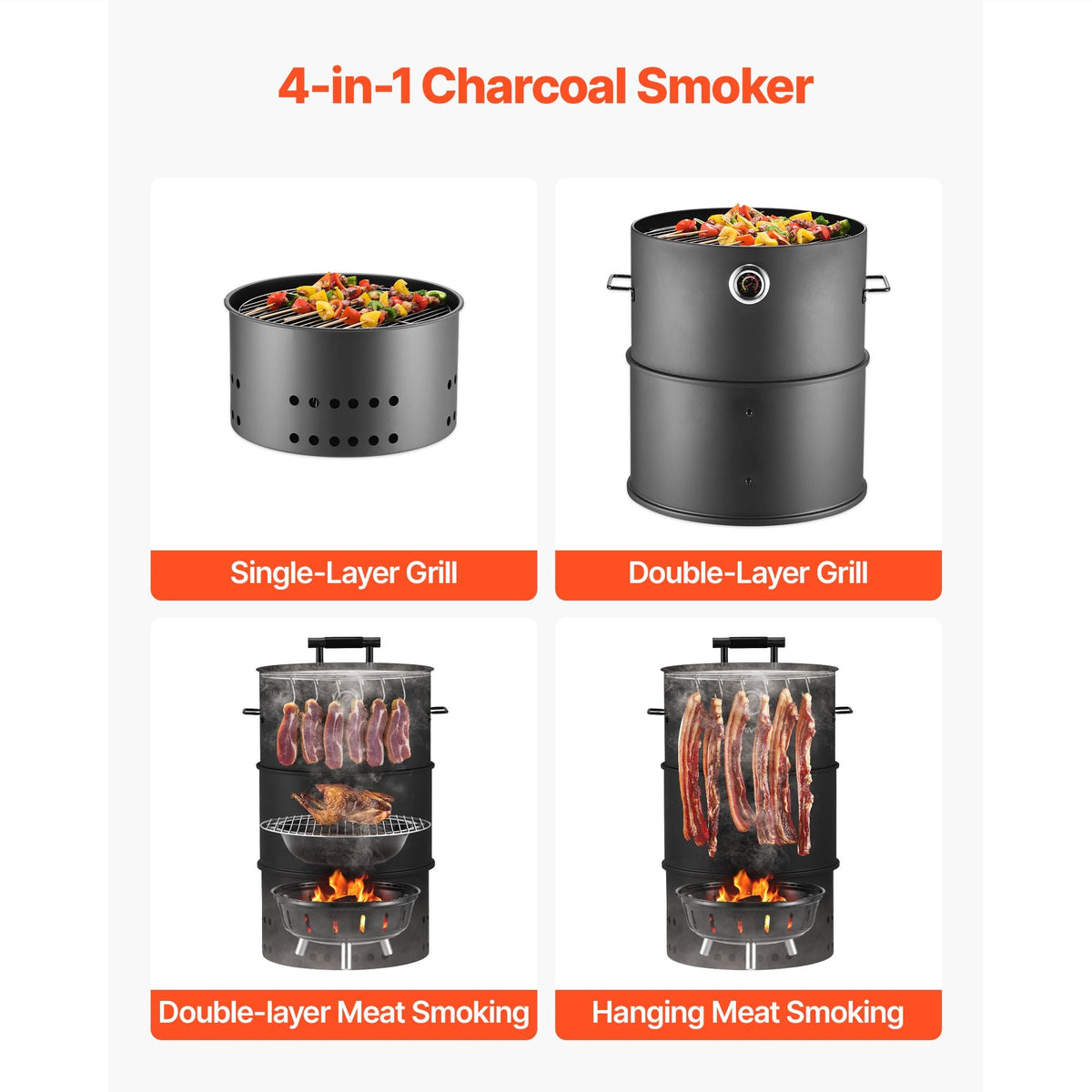 Charcoal Smoker Grill, 18.5" Barrel Charcoal BBQ Smoker, Coated Steel Outdoor Barbecue Grill with 2 Grilling Grates, 1 Hanging Rod, 6 Hooks & Thermometer, Ideal for Party Backyard Patio Cooking