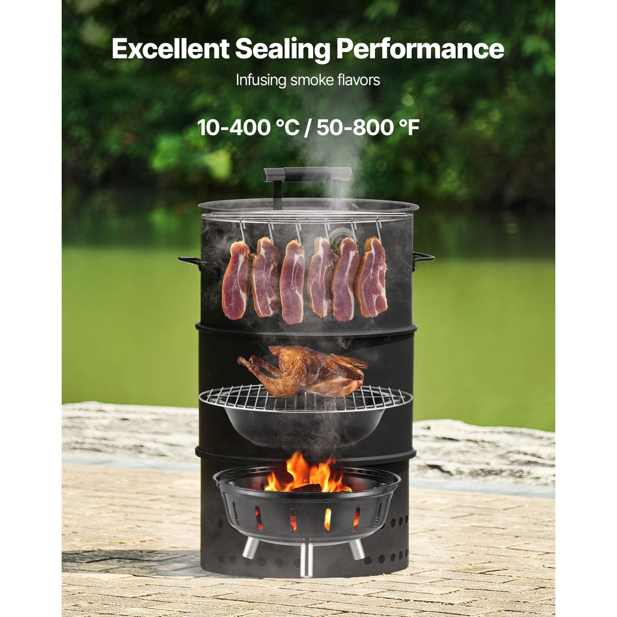 Charcoal Smoker Grill, 18.5" Barrel Charcoal BBQ Smoker, Coated Steel Outdoor Barbecue Grill with 2 Grilling Grates, 1 Hanging Rod, 6 Hooks & Thermometer, Ideal for Party Backyard Patio Cooking