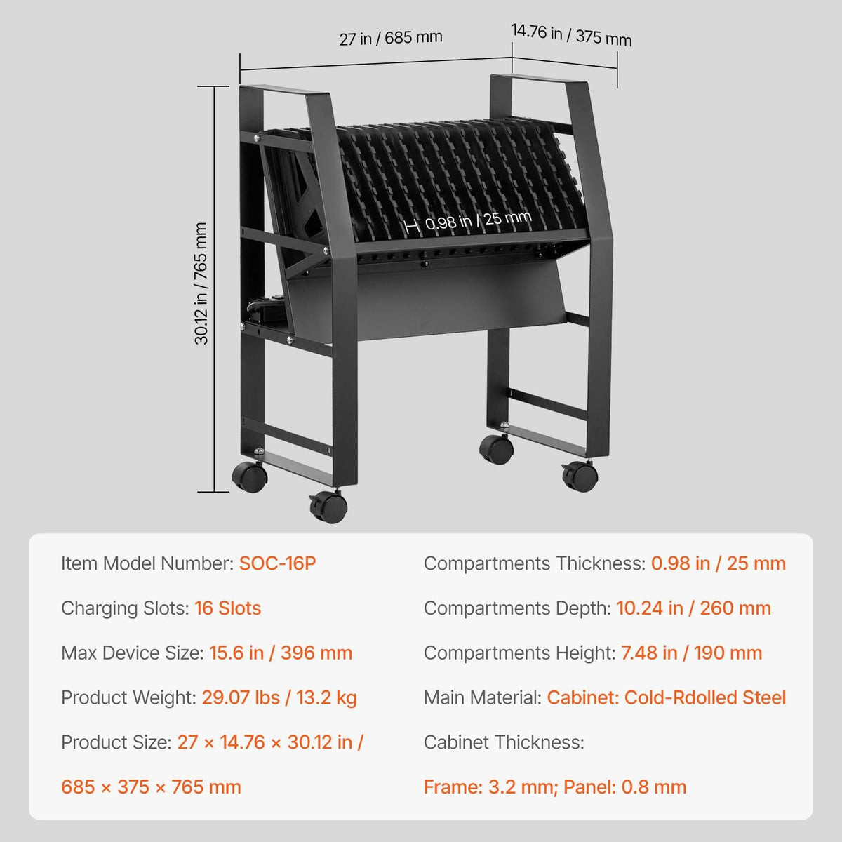 Charging Cart, 16 Device Mobile Open Charging Station, Up to 15.6 in Screen Size, Office and Classroom Mobile Charging Cart, for Chromebook, Tablet and Laptop
