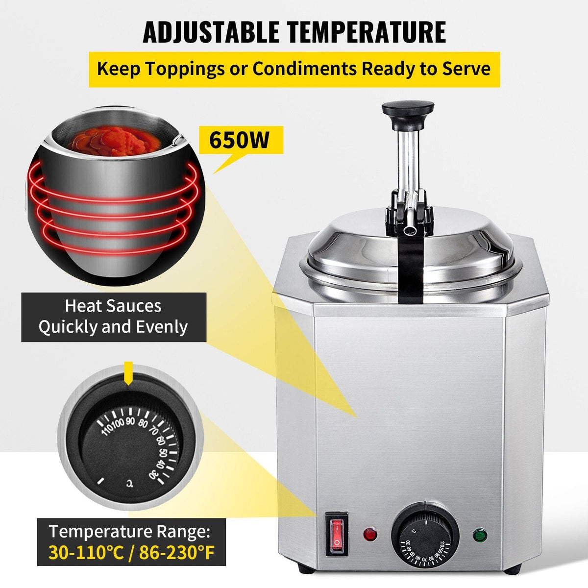 Cheese Dispenser with Pump, 2.6 Qt Capacity Cheese Warmer, Stainless Steel Hot Fudge Warmer with Pump 650W Cheese Dispenser, 30-110Celsius Temp Adjustable, for Hot Fudge Cheese Caramel