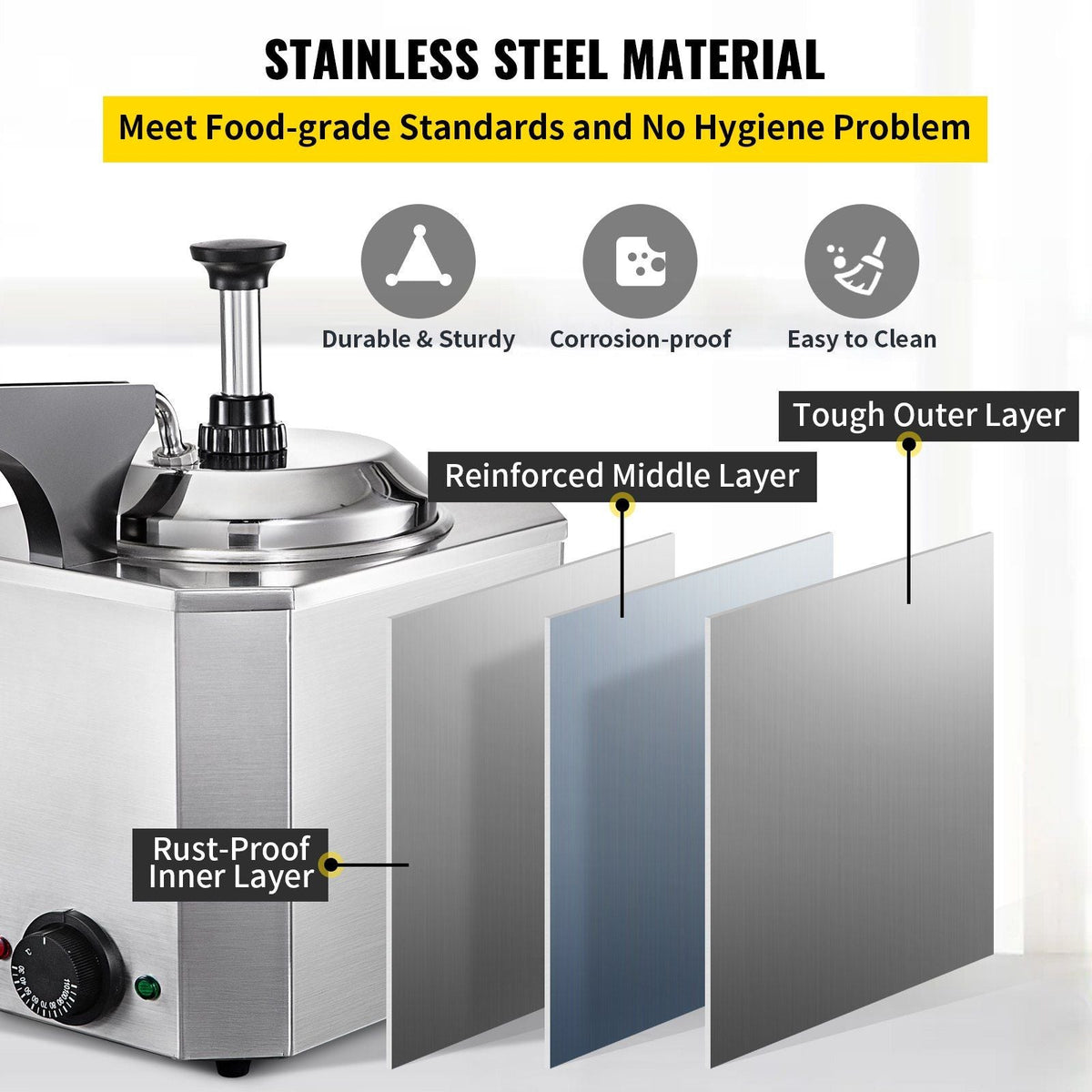 Cheese Dispenser with Pump, 2.6 Qt Capacity Cheese Warmer, Stainless Steel Hot Fudge Warmer with Pump 650W Cheese Dispenser, 30-110Celsius Temp Adjustable, for Hot Fudge Cheese Caramel