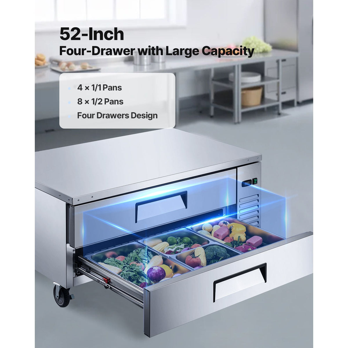 Chef Base Refrigerator, 52" W Commercial Chef Bases Worktop Refrigerators, 2-Drawer Under Counter Fridge with 8 Pans Stainless Steel, Heavy-Duty Refrigerated Base, Invisible Door Handle