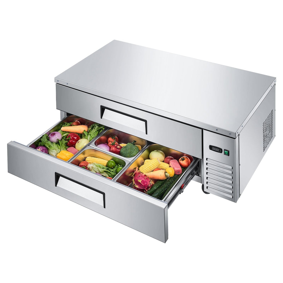 Chef Base Refrigerator, 52" W Commercial Chef Bases Worktop Refrigerators, 2-Drawer Under Counter Fridge with 8 Pans Stainless Steel, Heavy-Duty Refrigerated Base, Invisible Door Handle