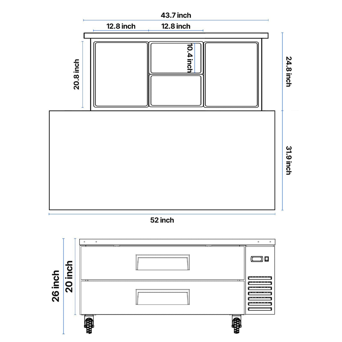 Chef Base Refrigerator, 52" W Commercial Chef Bases Worktop Refrigerators, 2-Drawer Under Counter Fridge with 8 Pans Stainless Steel, Heavy-Duty Refrigerated Base, Invisible Door Handle