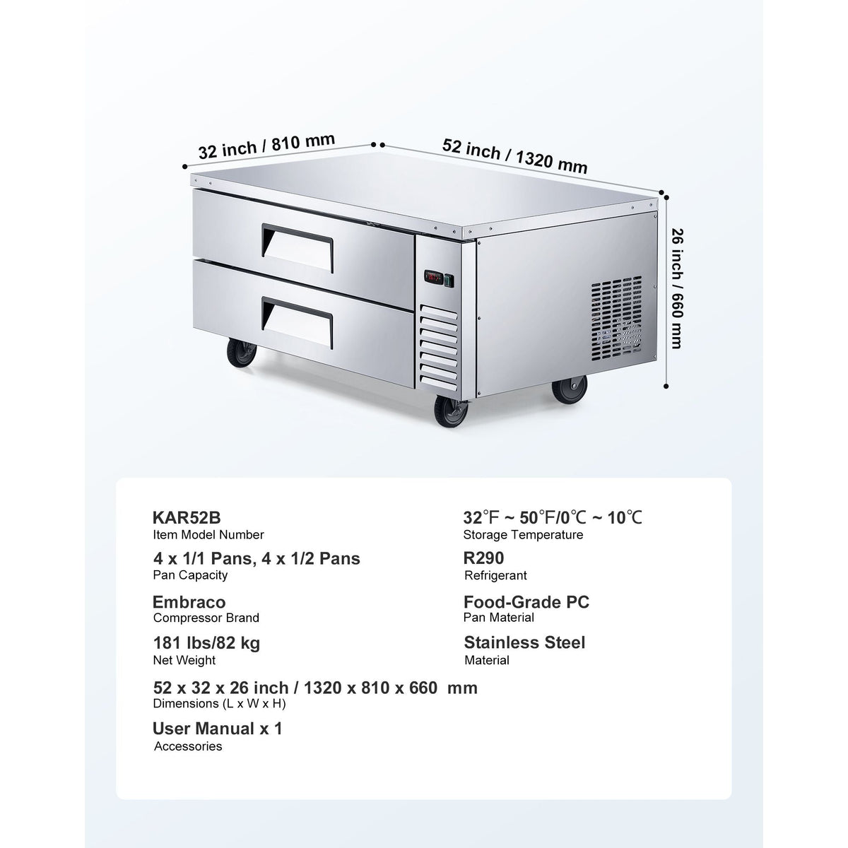 Chef Base Refrigerator, 52" W Commercial Chef Bases Worktop Refrigerators, 2-Drawer Under Counter Fridge with 8 Pans Stainless Steel, Heavy-Duty Refrigerated Base, Invisible Door Handle