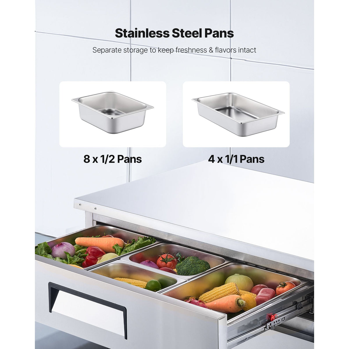 Chef Base Refrigerator, 52" W Commercial Chef Bases Worktop Refrigerators, 2-Drawer Under Counter Fridge with 8 Pans Stainless Steel, Heavy-Duty Refrigerated Base, Invisible Door Handle