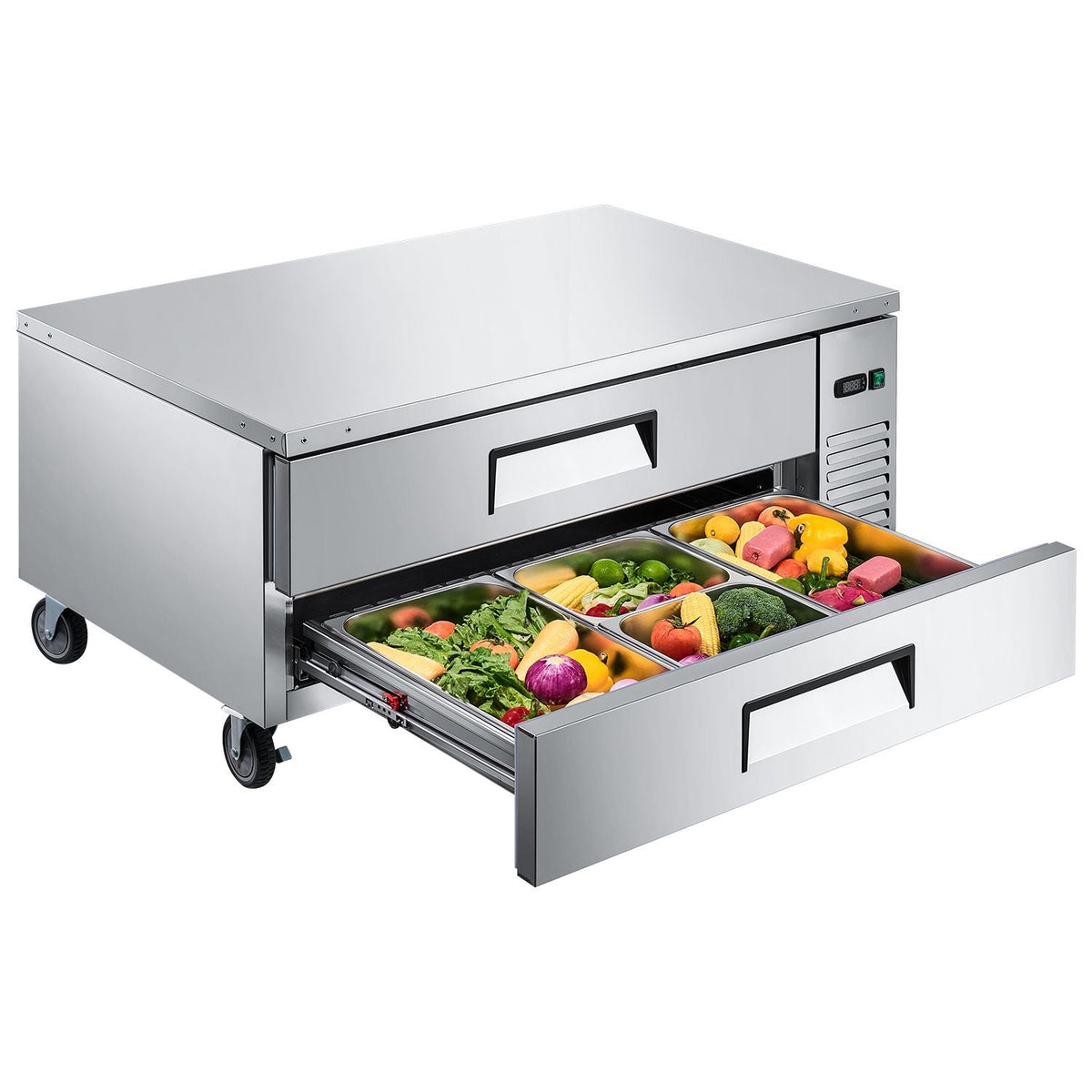 Chef Base Refrigerator, 52" W Commercial Chef Bases Worktop Refrigerators, 2-Drawer Under Counter Fridge with 8 Pans Stainless Steel, Heavy-Duty Refrigerated Base, Invisible Door Handle
