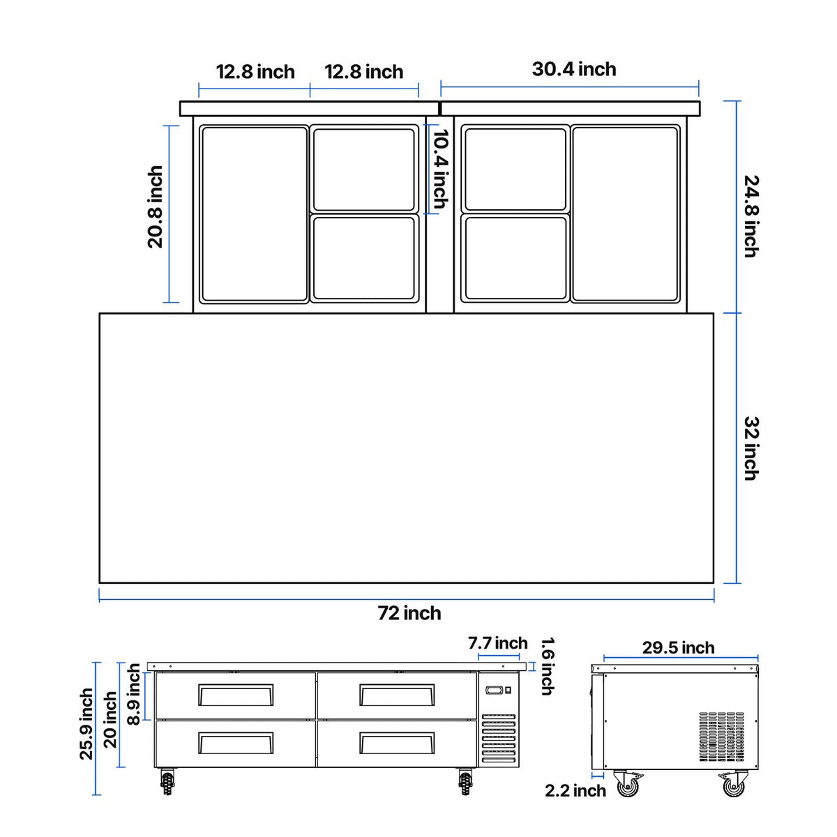 Chef Base Refrigerator, 72" W Commercial Chef Bases Worktop Refrigerators, 4-Drawer Under Counter Fridge with 12 Pans Stainless Steel, Heavy-Duty Refrigerated Base, Invisible Door Handle