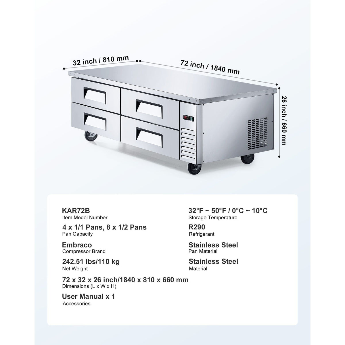 Chef Base Refrigerator, 72" W Commercial Chef Bases Worktop Refrigerators, 4-Drawer Under Counter Fridge with 12 Pans Stainless Steel, Heavy-Duty Refrigerated Base, Invisible Door Handle