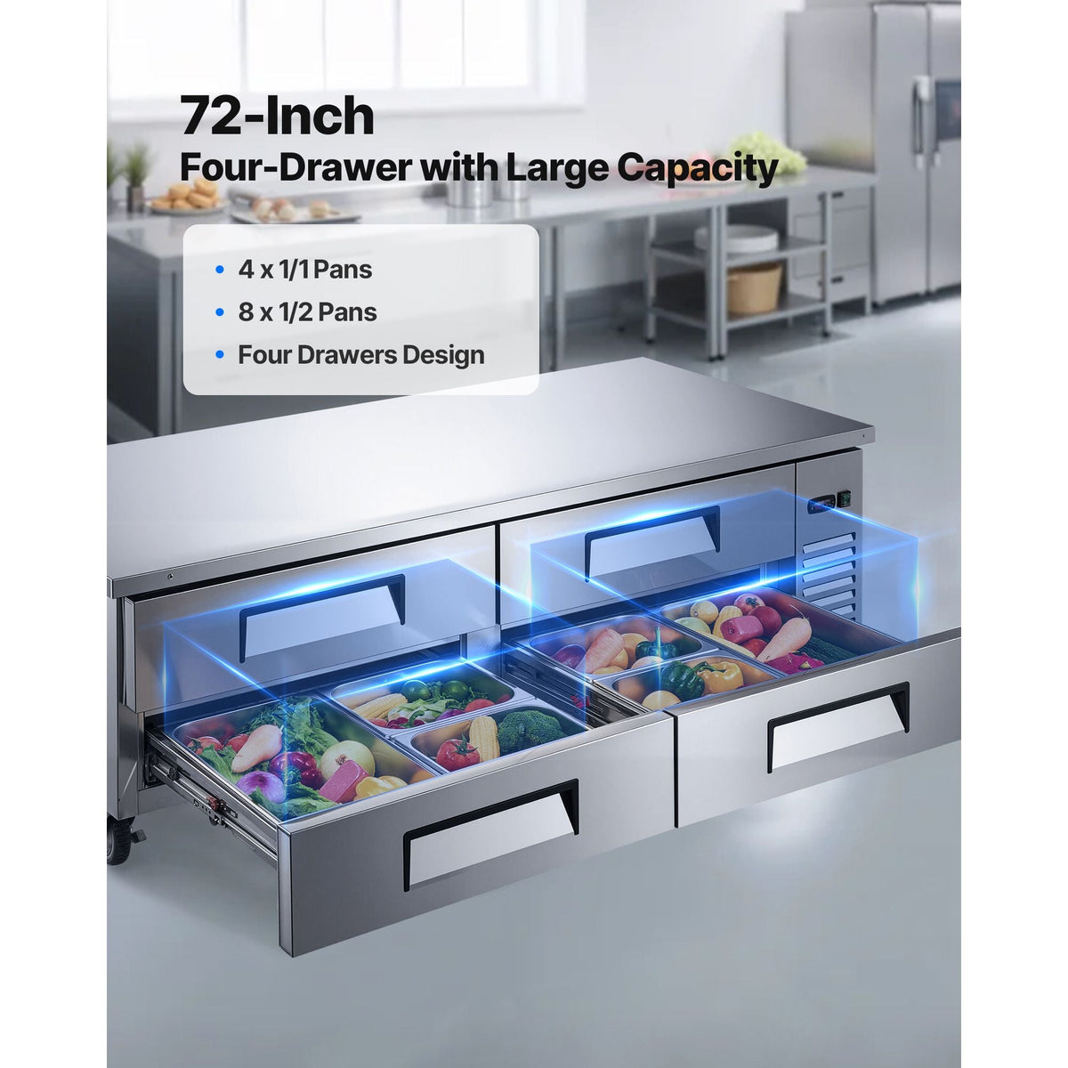 Chef Base Refrigerator, 72" W Commercial Chef Bases Worktop Refrigerators, 4-Drawer Under Counter Fridge with 12 Pans Stainless Steel, Heavy-Duty Refrigerated Base, Invisible Door Handle