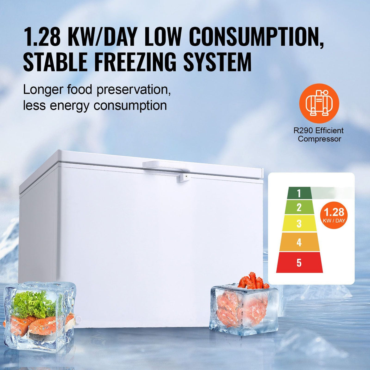 Chest Freezer, 12.8 Cu.ft / 345 L Large Deep Freezer & 4 Removable Baskets, Freestanding Top Open Door Commercial Chest Freezers with Locking Lid, 7-Level Adjustable Temp, LED Lighting, 6 Wheels