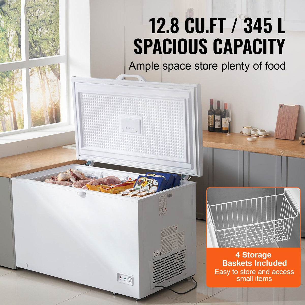 Chest Freezer, 12.8 Cu.ft / 345 L Large Deep Freezer & 4 Removable Baskets, Freestanding Top Open Door Commercial Chest Freezers with Locking Lid, 7-Level Adjustable Temp, LED Lighting, 6 Wheels