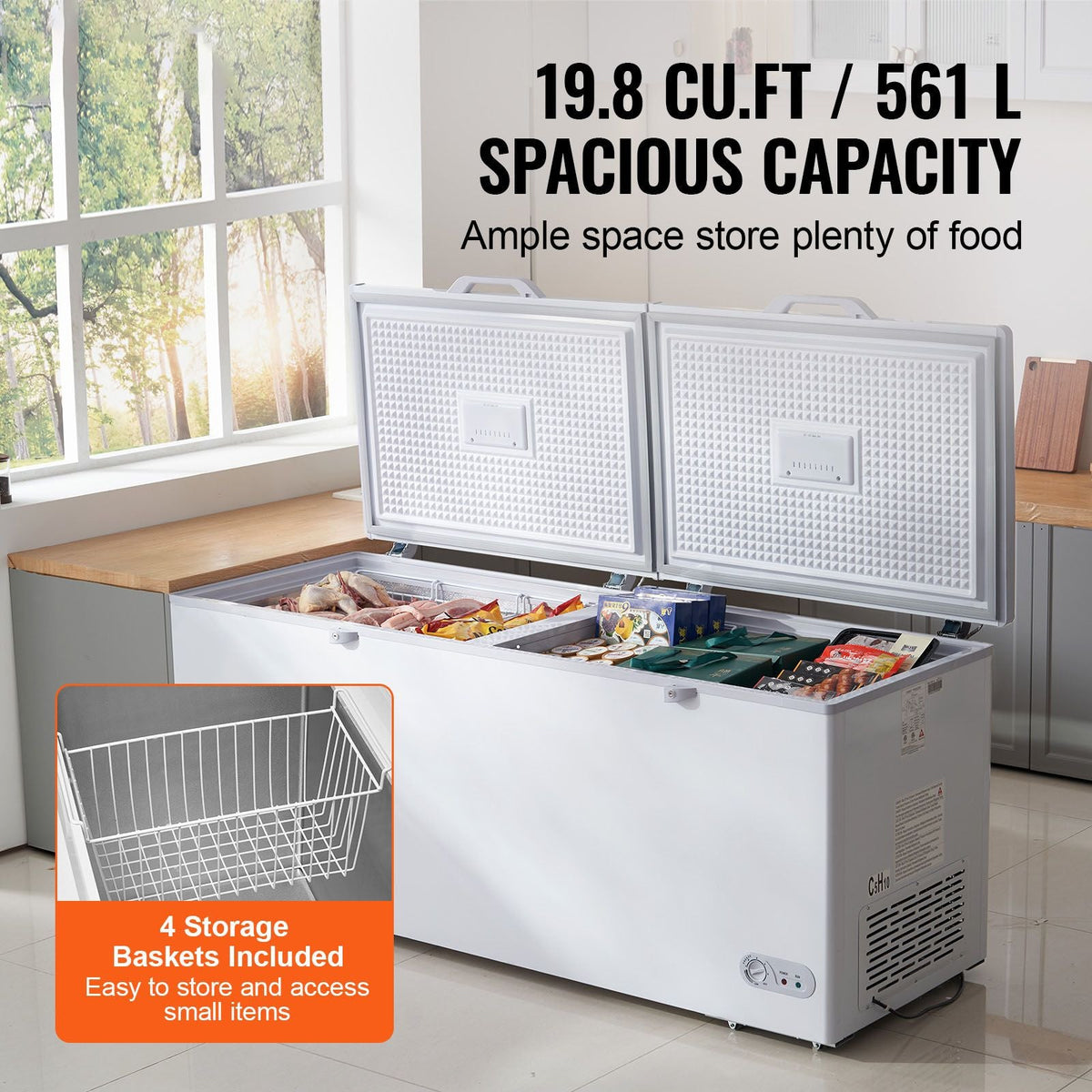 Chest Freezer, 19.8 Cu.ft / 561 L Large Deep Freezer with Split Top Double Locking Lids, Freestanding Commercial Chest Freezer & 4 Removable Baskets, 7-Level Adjustable Temp, LED Light, 6 Wheels