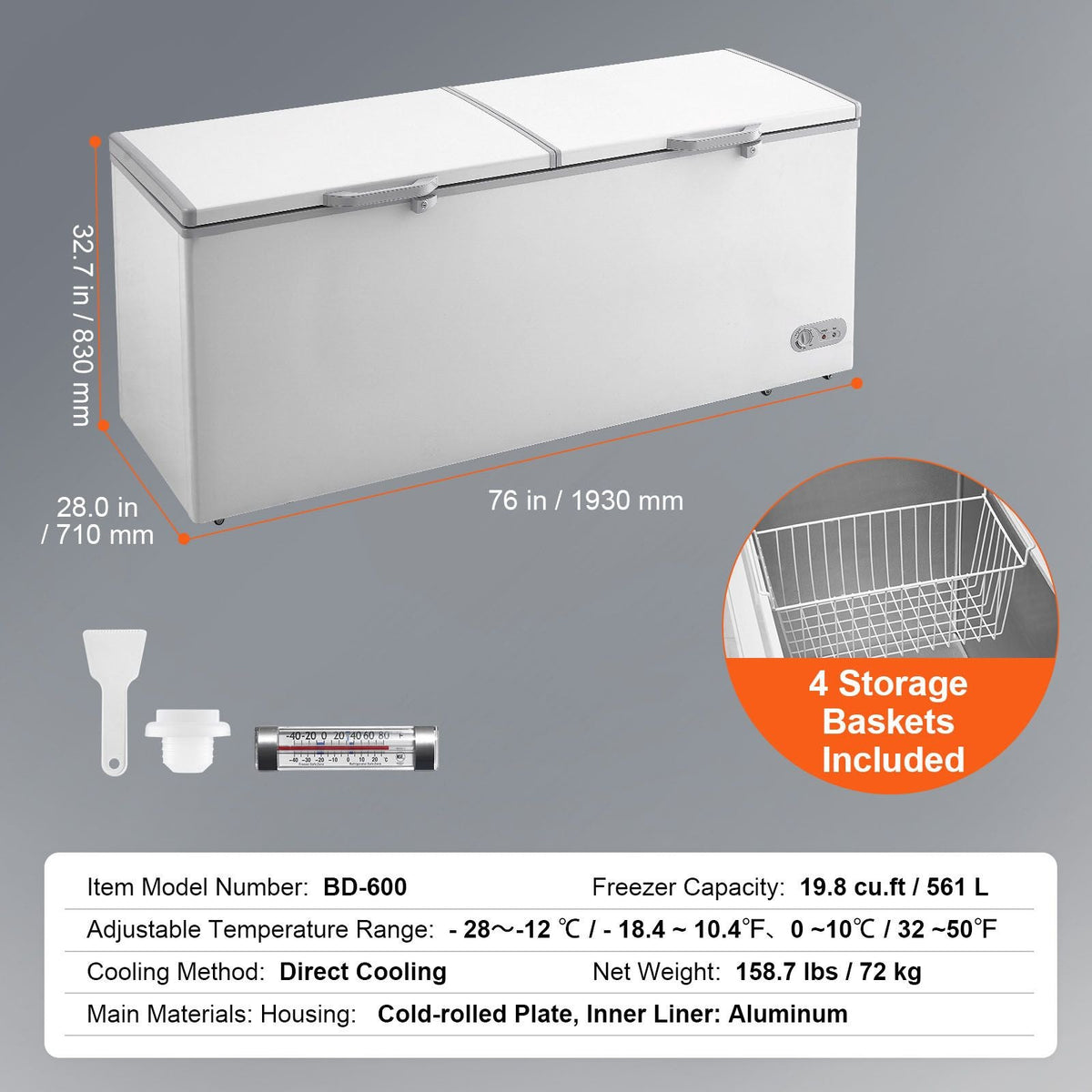Chest Freezer, 19.8 Cu.ft / 561 L Large Deep Freezer with Split Top Double Locking Lids, Freestanding Commercial Chest Freezer & 4 Removable Baskets, 7-Level Adjustable Temp, LED Light, 6 Wheels