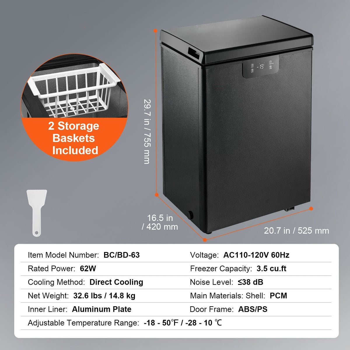 Chest Freezer, 2.22 Cu.ft / 63 L Compact Deep Freezer, Free Standing Top Open Door Chest Freezers with 2 Removable Baskets & Adjustable Thermostat, Energy Saving & Low Noise, Black