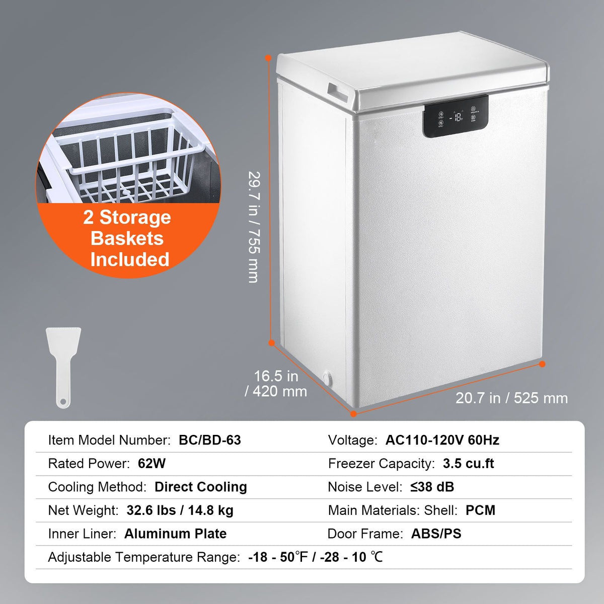 Chest Freezer, 2.22 Cu.ft / 63 L Compact Deep Freezer, Free Standing Top Open Door Chest Freezers with 2 Removable Baskets & Adjustable Thermostat, Energy Saving & Low Noise, White