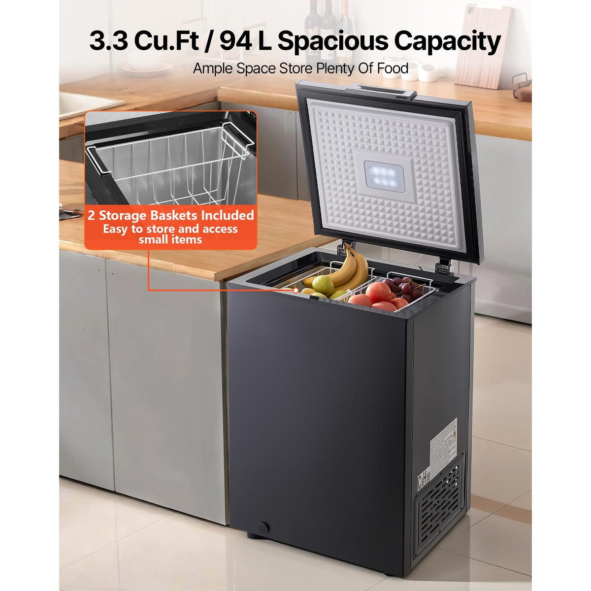 Chest Freezer, 3.3 Cu.ft Compact Deep Freezer, Free Standing Top Open Door Chest Freezers with 2 Removable Baskets & Adjustable Thermostat - Energy Saving, Low Noise & Garage Ready, Black