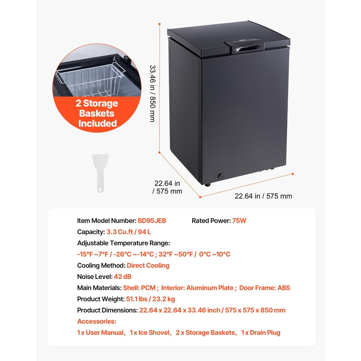 Chest Freezer, 3.3 Cu.ft Compact Deep Freezer, Free Standing Top Open Door Chest Freezers with 2 Removable Baskets & Adjustable Thermostat - Energy Saving, Low Noise & Garage Ready, Black