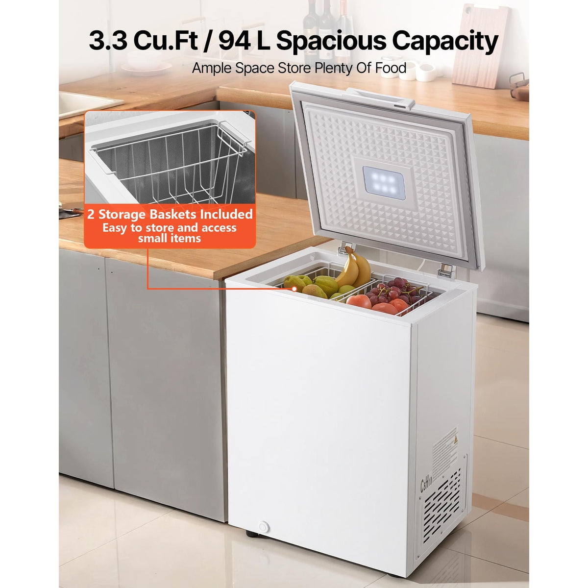 Chest Freezer, 3.3 Cu.ft Compact Deep Freezer, Free Standing Top Open Door Chest Freezers with 2 Removable Baskets & Adjustable Thermostat - Energy Saving, Low Noise & Garage Ready, White