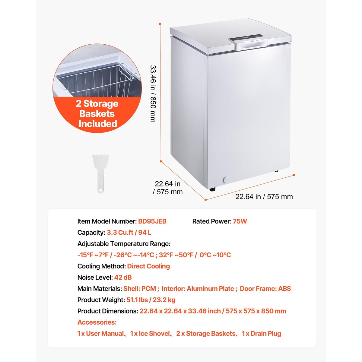Chest Freezer, 3.3 Cu.ft Compact Deep Freezer, Free Standing Top Open Door Chest Freezers with 2 Removable Baskets & Adjustable Thermostat - Energy Saving, Low Noise & Garage Ready, White