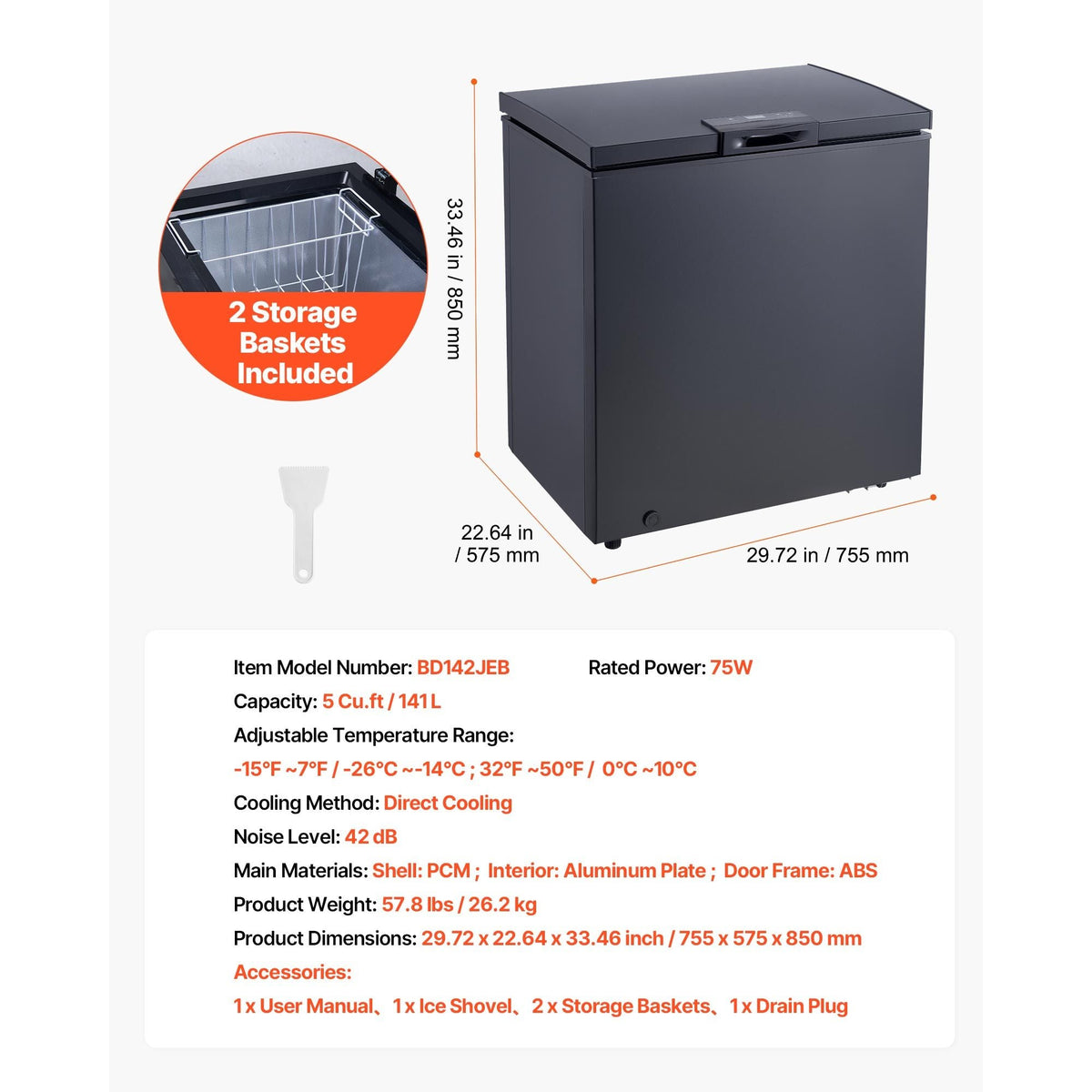 Chest Freezer, 5 Cu.ft Compact Deep Freezer, Free Standing Top Open Door Chest Freezers with 2 Removable Baskets & Adjustable Thermostat - Energy Saving, Low Noise & Garage Ready, Black