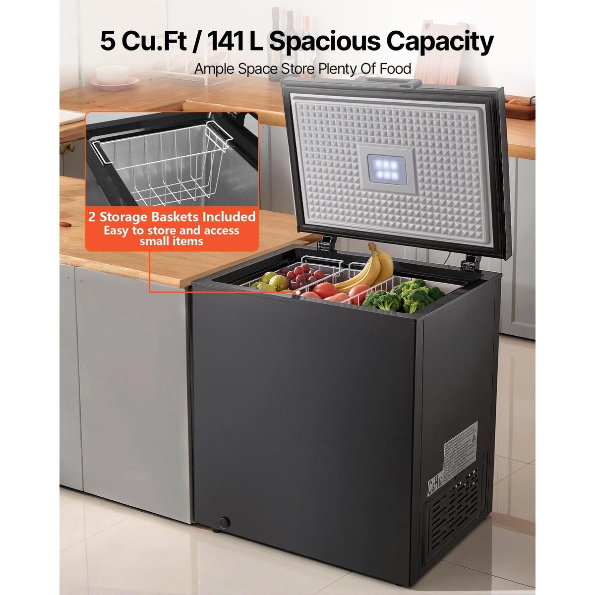 Chest Freezer, 5 Cu.ft Compact Deep Freezer, Free Standing Top Open Door Chest Freezers with 2 Removable Baskets & Adjustable Thermostat - Energy Saving, Low Noise & Garage Ready, Black
