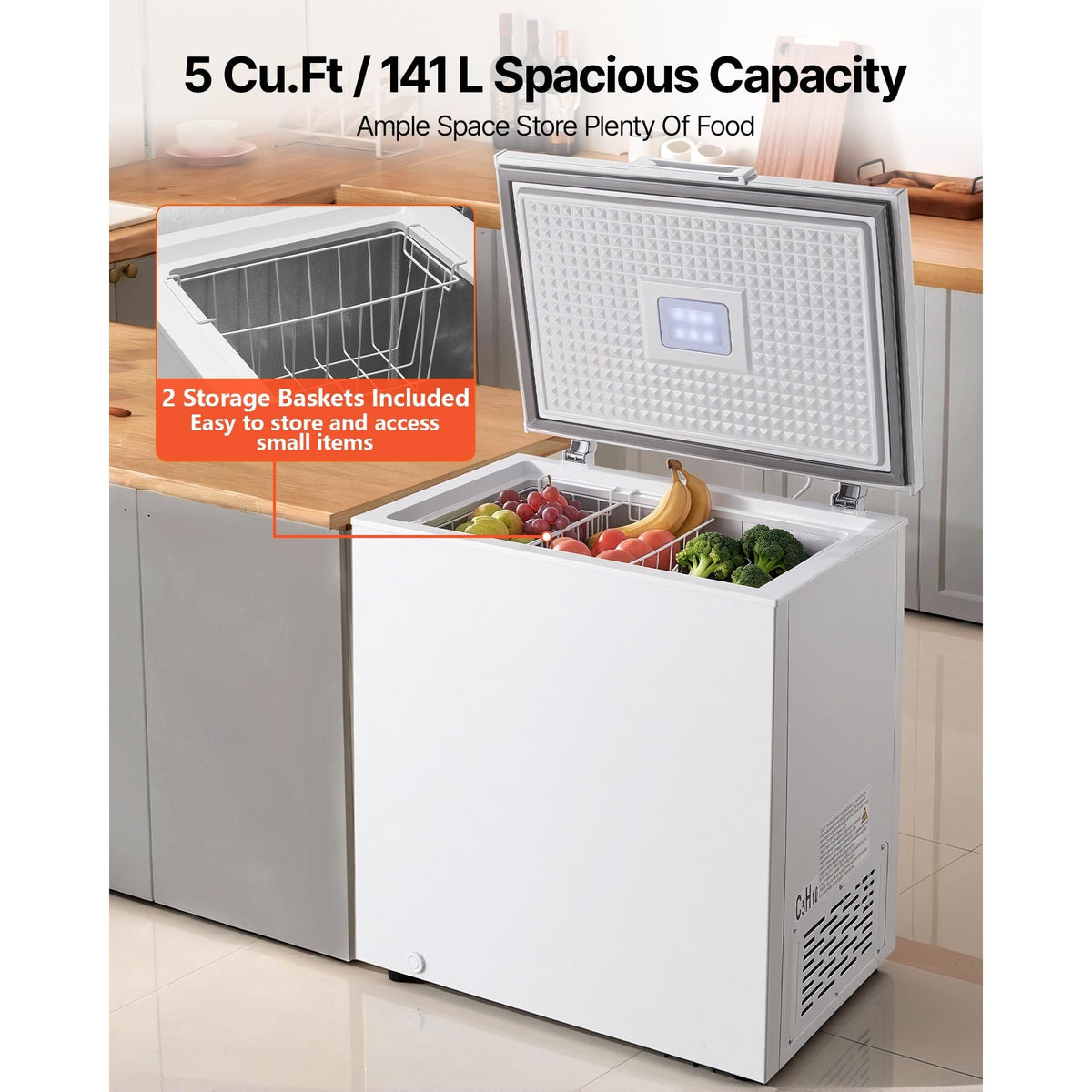 Chest Freezer, 5 Cu.ft Compact Deep Freezer, Free Standing Top Open Door Chest Freezers with 2 Removable Baskets & Adjustable Thermostat - Energy Saving, Low Noise & Garage Ready, White