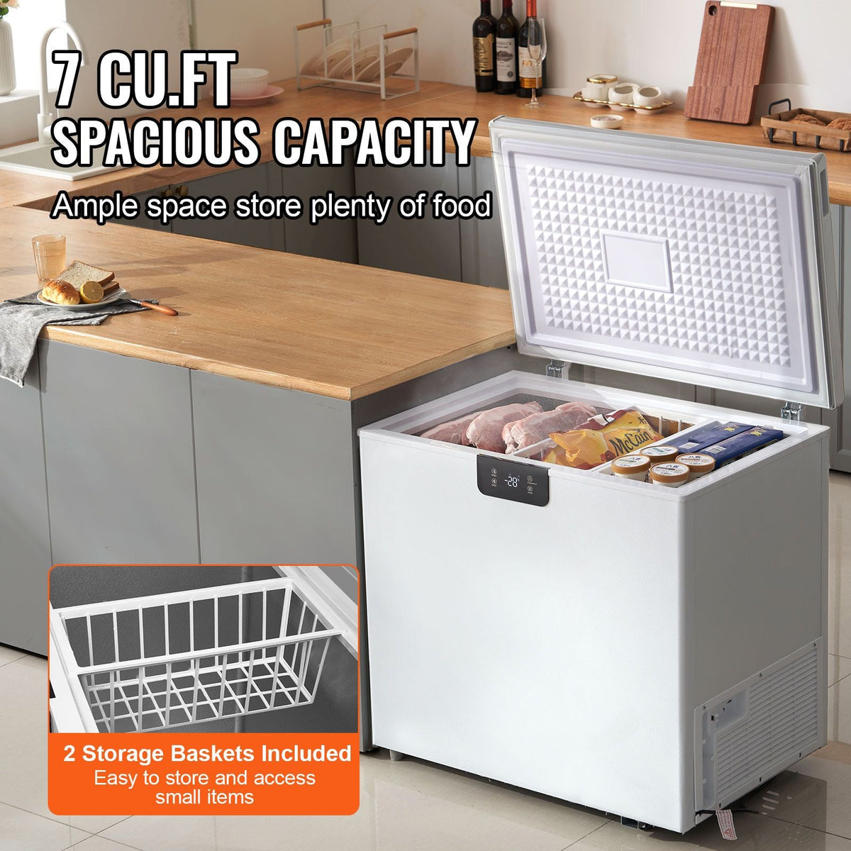 Chest Freezer, 5.4 Cu.ft / 153 L Compact Deep Freezer, Free Standing Top Open Door Compact Freezers with 2 Removable Baskets & Adjustable Thermostat, Energy Saving & Low Noise, White
