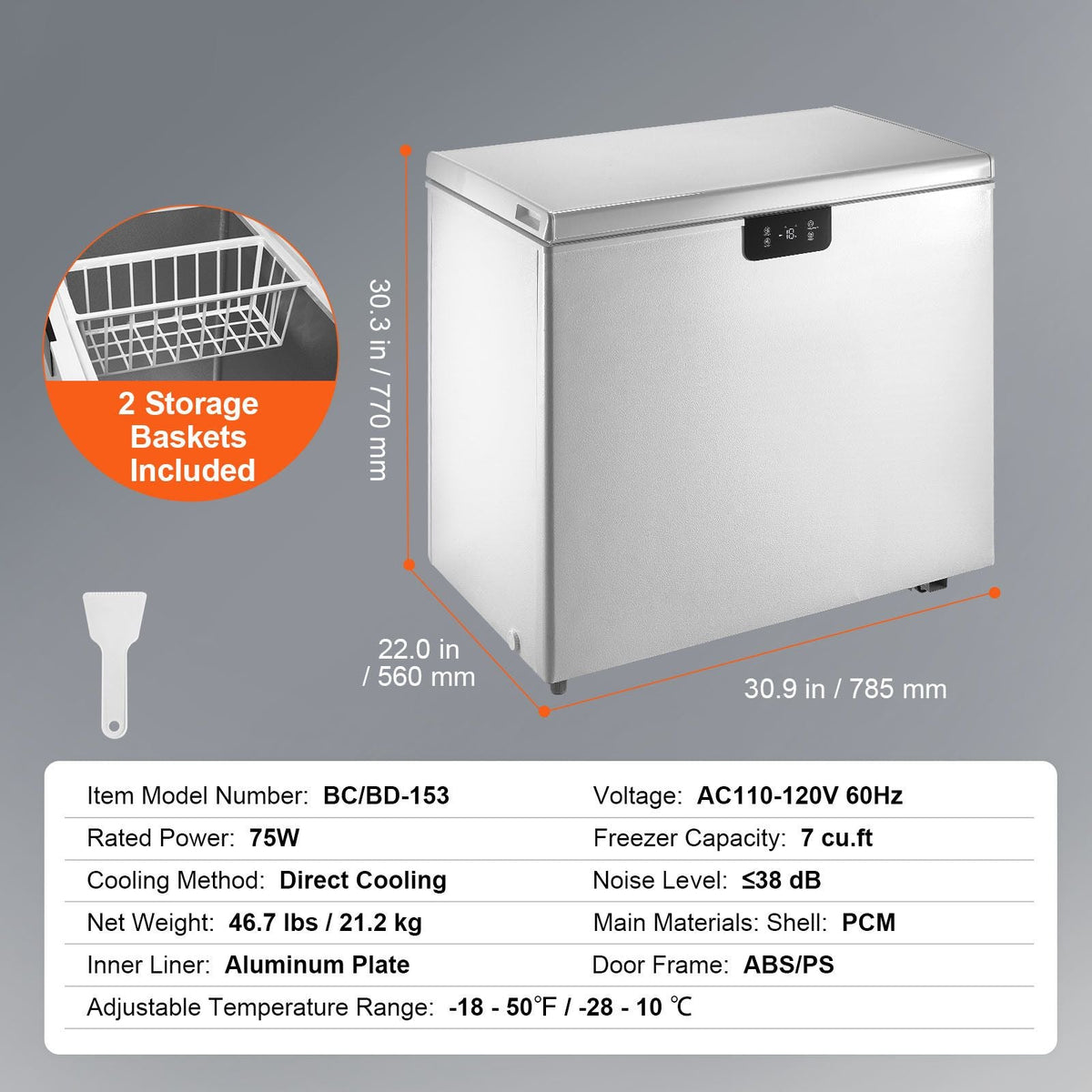Chest Freezer, 5.4 Cu.ft / 153 L Compact Deep Freezer, Free Standing Top Open Door Compact Freezers with 2 Removable Baskets & Adjustable Thermostat, Energy Saving & Low Noise, White