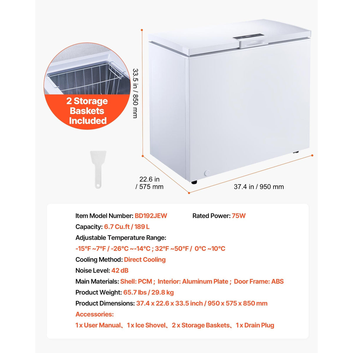 Chest Freezer, 6.7 Cu.ft Compact Deep Freezer, Free Standing Top Open Door Chest Freezers with 2 Removable Baskets & Adjustable Thermostat - Energy Saving, Low Noise & Garage Ready, White