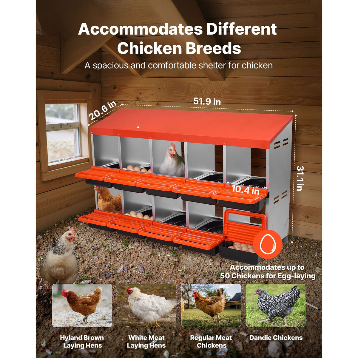Chicken Nest Box, 10-Compartment, 30 to 45 in Stable & Corrosion-Resistant Metal Nesting Boxes with Inclined Nesting Boxes, Bottom Holes & Resting Platform, Fit for Different Chicken Breeds