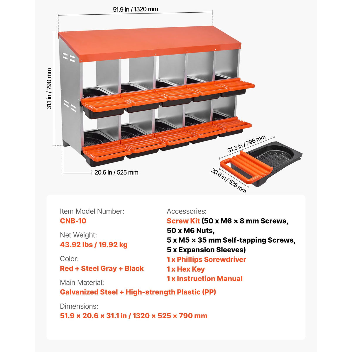 Chicken Nest Box, 10-Compartment, 30 to 45 in Stable & Corrosion-Resistant Metal Nesting Boxes with Inclined Nesting Boxes, Bottom Holes & Resting Platform, Fit for Different Chicken Breeds