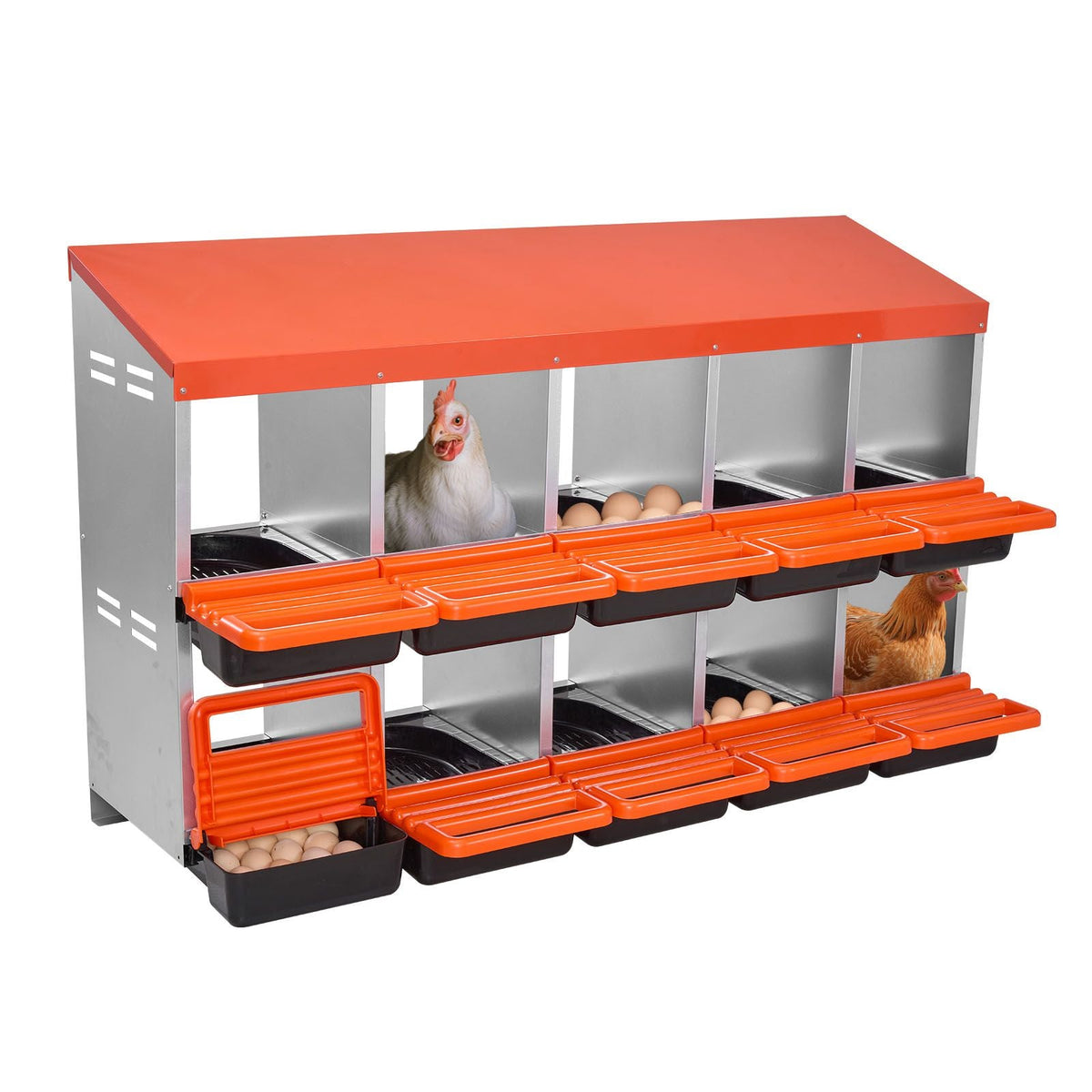 Chicken Nest Box, 10-Compartment, 30 to 45 in Stable & Corrosion-Resistant Metal Nesting Boxes with Inclined Nesting Boxes, Bottom Holes & Resting Platform, Fit for Different Chicken Breeds
