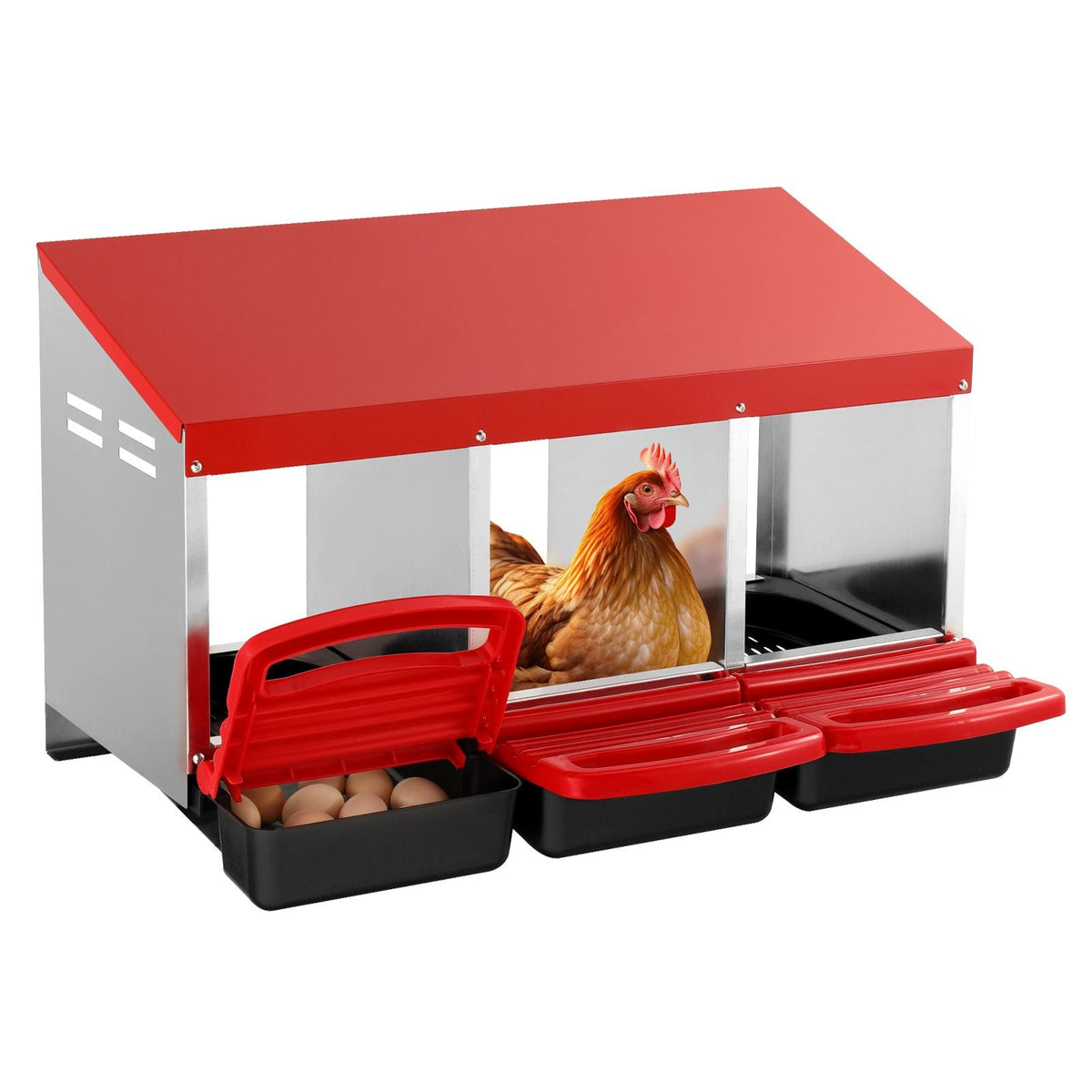 Chicken Nest Box, 3-Compartment, 15 to 30 in Stable & Corrosion-Resistant Metal Nesting Boxes with Inclined Nesting Boxes, Bottom Holes & Resting Platform, Fit for Different Chicken Breeds