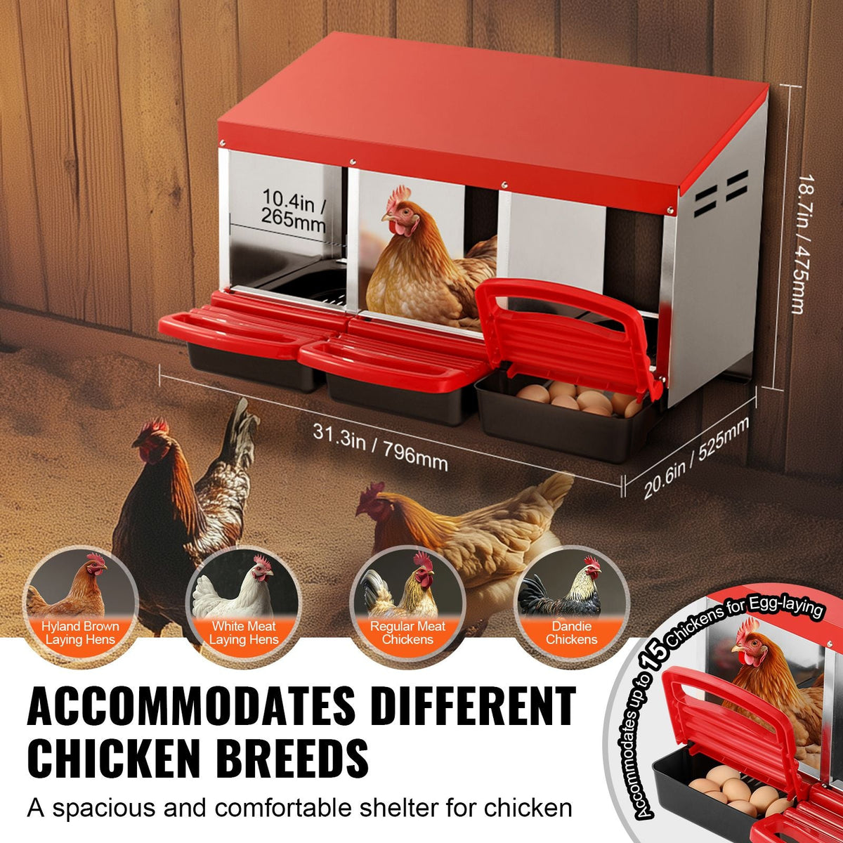 Chicken Nest Box, 3-Compartment, 15 to 30 in Stable & Corrosion-Resistant Metal Nesting Boxes with Inclined Nesting Boxes, Bottom Holes & Resting Platform, Fit for Different Chicken Breeds