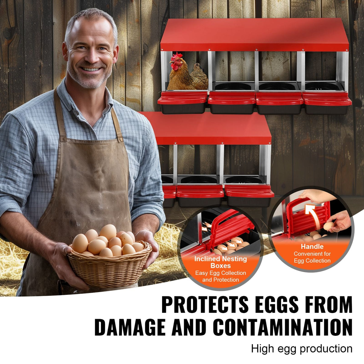 Chicken Nest Box, 4-Compartment, 15 to 30 in Stable & Corrosion-Resistant Metal Nesting Boxes with Inclined Nesting Boxes, Bottom Holes & Resting Platform, Fit for Different Chicken Breeds