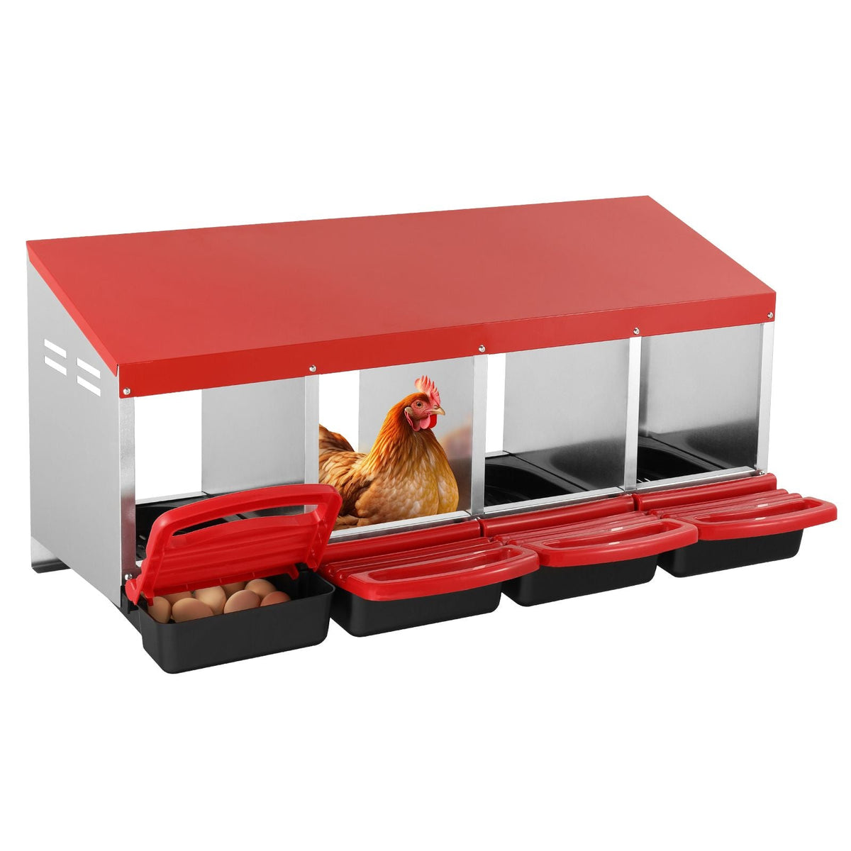 Chicken Nest Box, 4-Compartment, 15 to 30 in Stable & Corrosion-Resistant Metal Nesting Boxes with Inclined Nesting Boxes, Bottom Holes & Resting Platform, Fit for Different Chicken Breeds