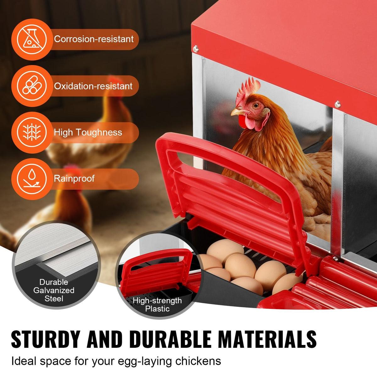 Chicken Nest Box, 4-Compartment, 15 to 30 in Stable & Corrosion-Resistant Metal Nesting Boxes with Inclined Nesting Boxes, Bottom Holes & Resting Platform, Fit for Different Chicken Breeds