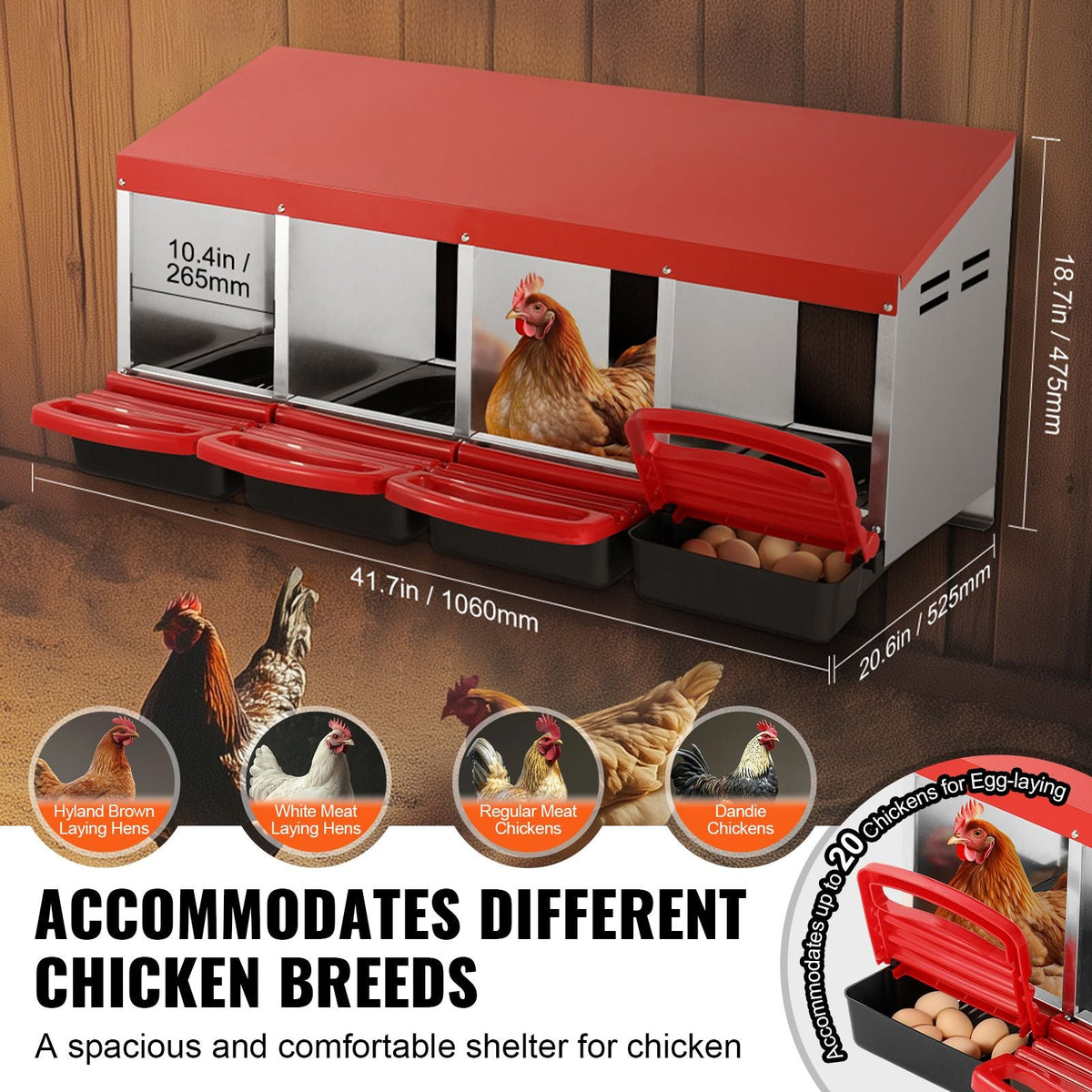 Chicken Nest Box, 4-Compartment, 15 to 30 in Stable & Corrosion-Resistant Metal Nesting Boxes with Inclined Nesting Boxes, Bottom Holes & Resting Platform, Fit for Different Chicken Breeds