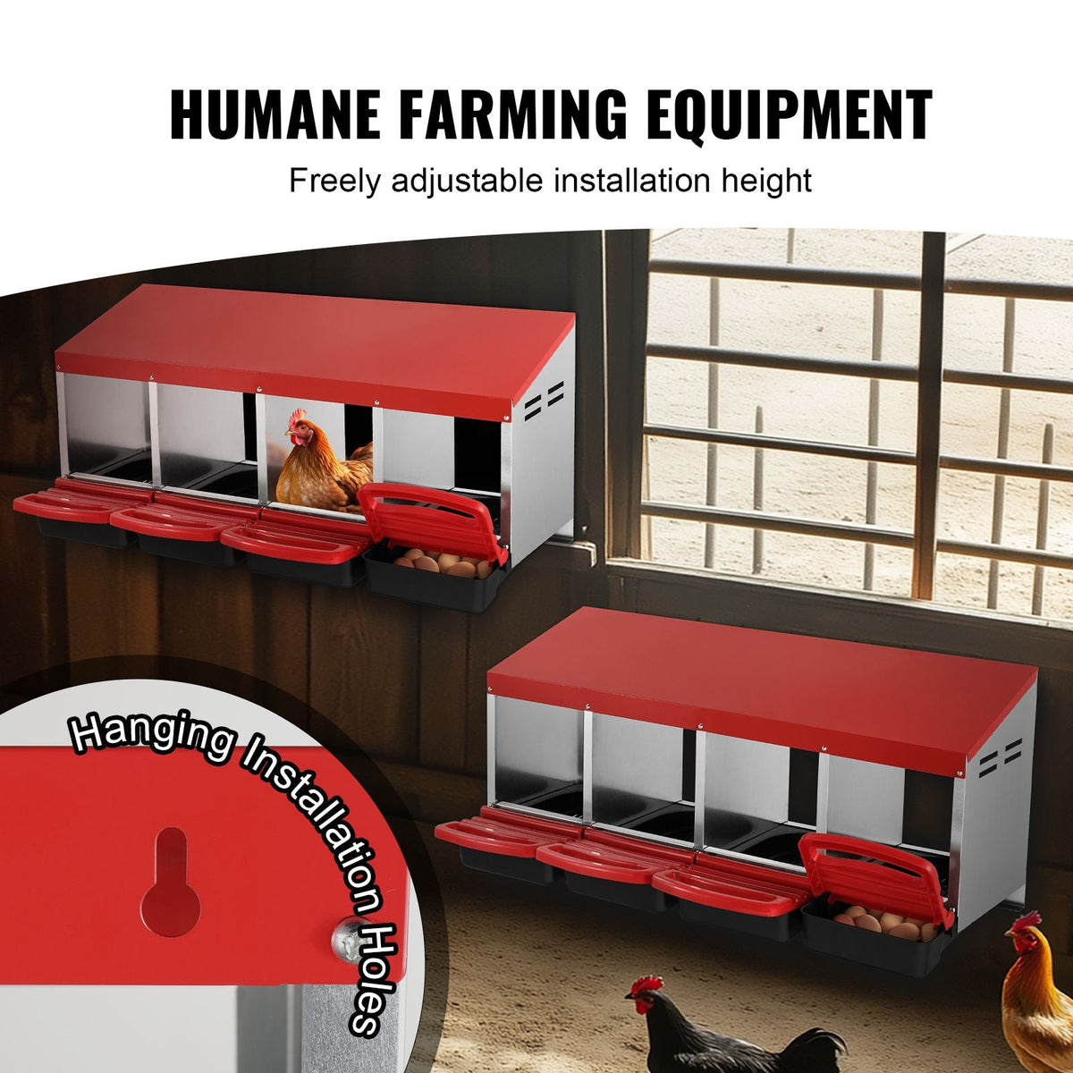 Chicken Nest Box, 4-Compartment, 15 to 30 in Stable & Corrosion-Resistant Metal Nesting Boxes with Inclined Nesting Boxes, Bottom Holes & Resting Platform, Fit for Different Chicken Breeds