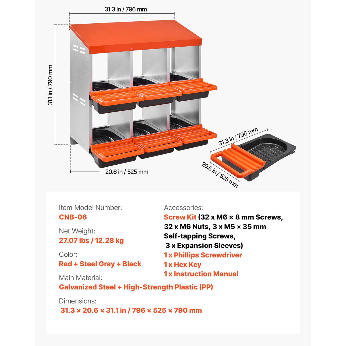 Chicken Nest Box, 6-Compartment, 30 to 45 in Stable & Corrosion-Resistant Metal Nesting Boxes with Inclined Nesting Boxes, Bottom Holes & Resting Platform, Fit for Different Chicken Breeds