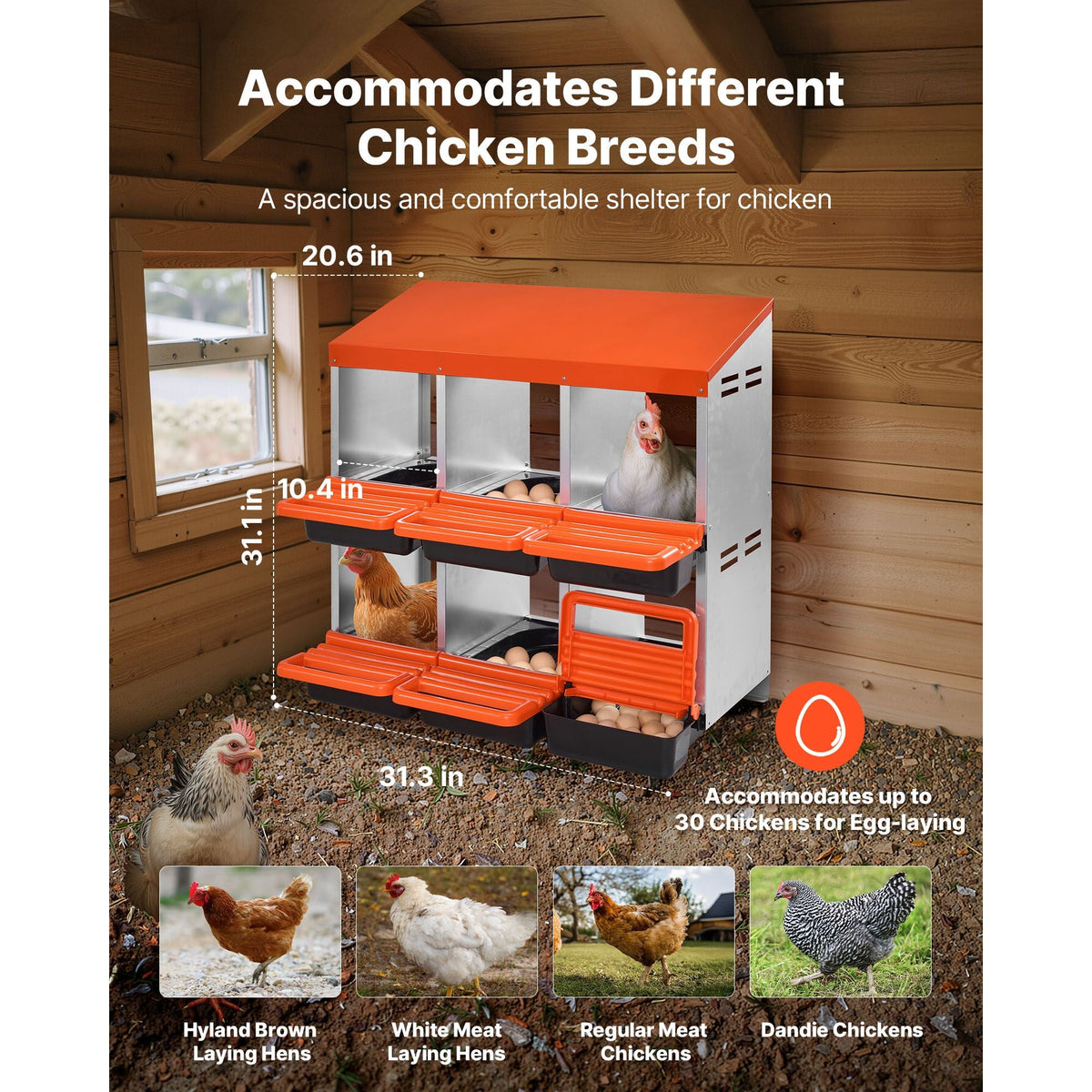 Chicken Nest Box, 6-Compartment, 30 to 45 in Stable & Corrosion-Resistant Metal Nesting Boxes with Inclined Nesting Boxes, Bottom Holes & Resting Platform, Fit for Different Chicken Breeds