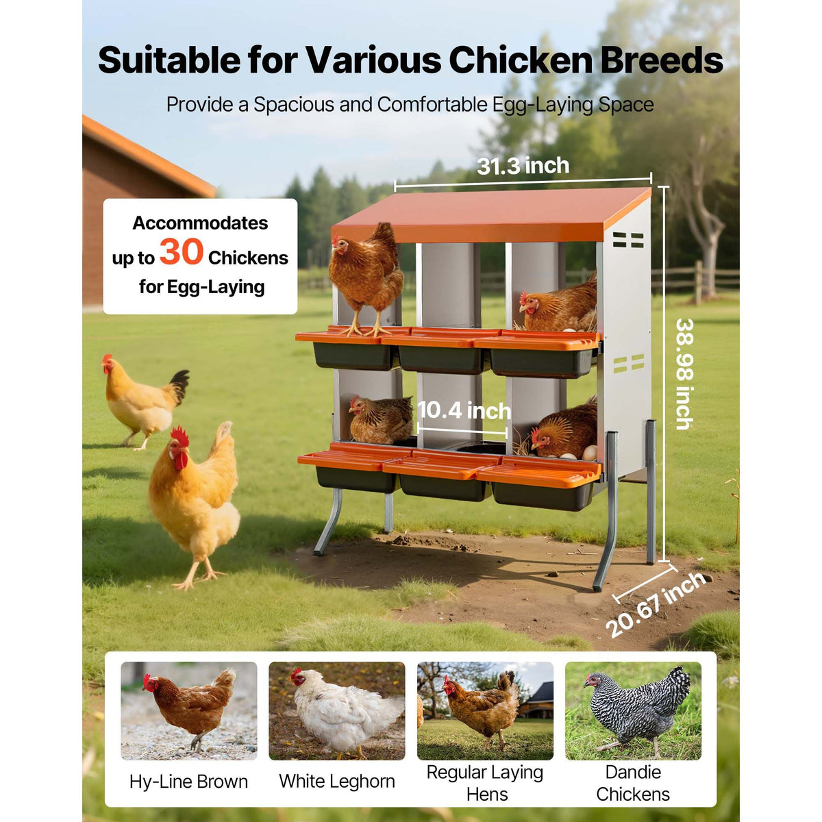 Chicken Nesting Boxes, 6 Compartments, with Support Legs, Easy Egg Collection, Galvanized Steel and High-Strength Plastic, Roll Away Nesting Boxes for Chickens and Hens Laying Eggs, Orange