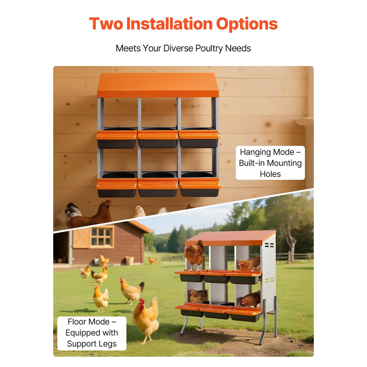 Chicken Nesting Boxes, 6 Compartments, with Support Legs, Easy Egg Collection, Galvanized Steel and High-Strength Plastic, Roll Away Nesting Boxes for Chickens and Hens Laying Eggs, Orange