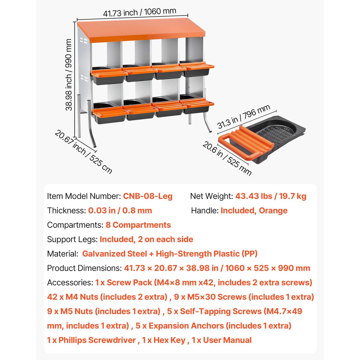 Chicken Nesting Boxes, 8 Compartments, with Support Legs, Easy Egg Collection, Galvanized Steel and High-Strength Plastic, Roll Away Nesting Boxes for Chickens and Hens Laying Eggs, Orange