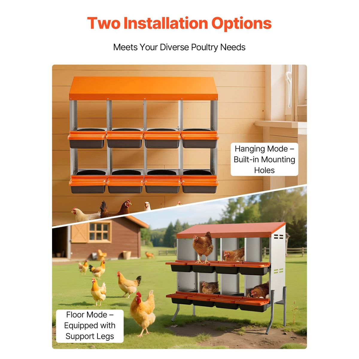 Chicken Nesting Boxes, 8 Compartments, with Support Legs, Easy Egg Collection, Galvanized Steel and High-Strength Plastic, Roll Away Nesting Boxes for Chickens and Hens Laying Eggs, Orange