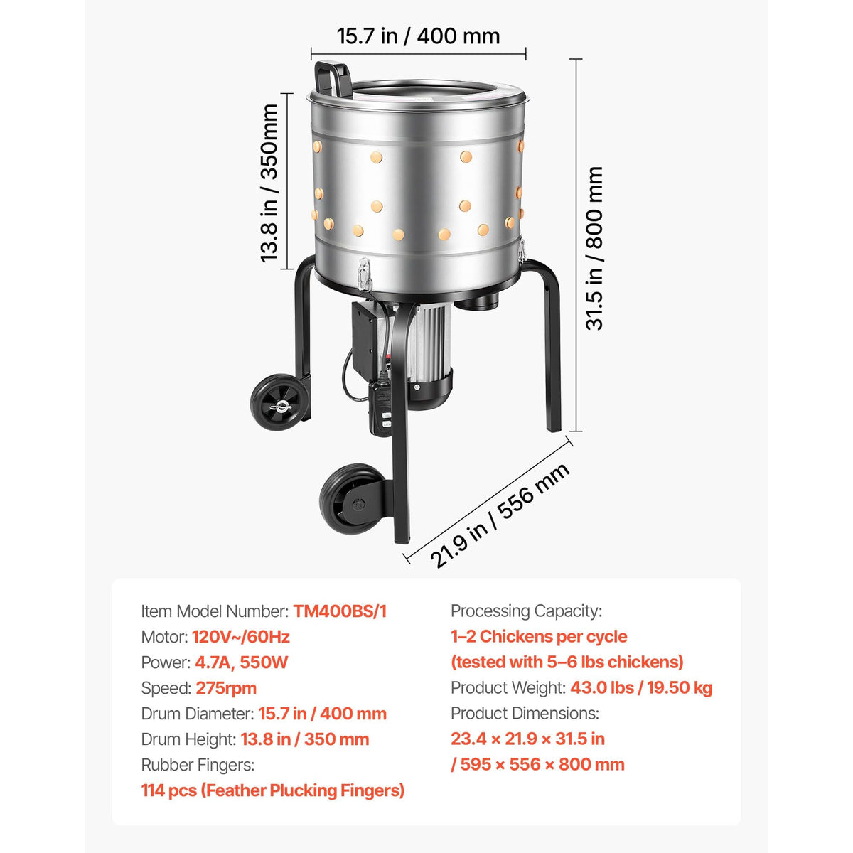 Chicken Plucker Machine, 15.7 in Drum, 550W & 275RPM Electric Chicken Plucking Machine with 114 Soft Fingers & Transport Wheels, Stainless Steel Feather Remover for Processing 1-2 Chicks Once