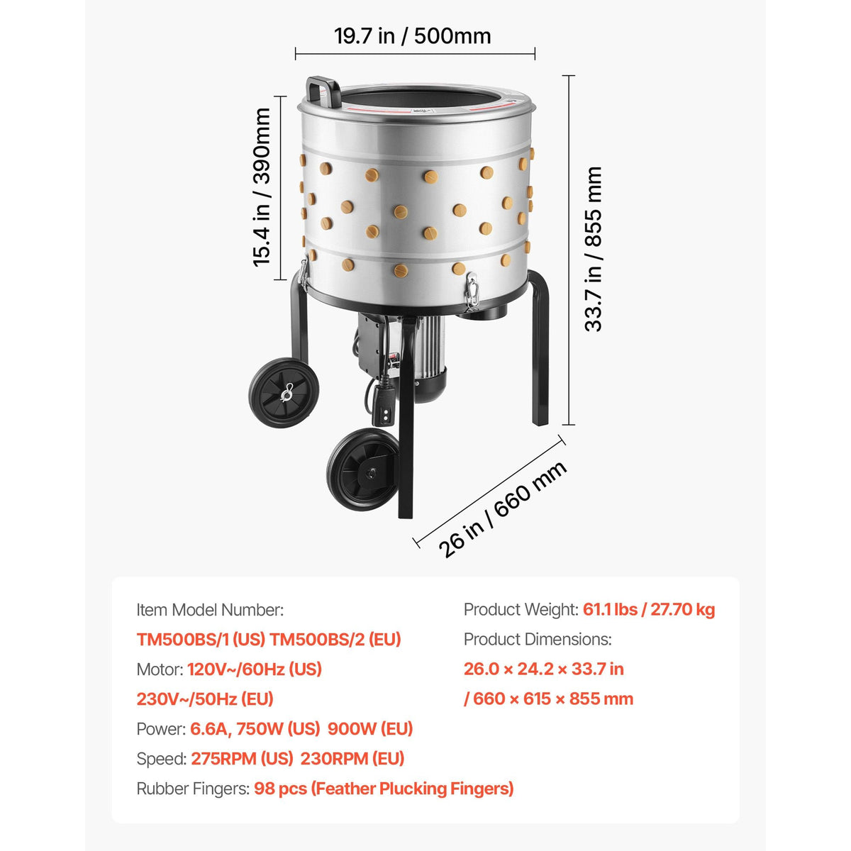 Chicken Plucker Machine, 19.7 in Drum, 750W & 275RPM Electric Chicken Plucking Machine with 98 Soft Fingers & Transport Wheels, Stainless Steel Feather Remover for Processing 2 Chicks Once
