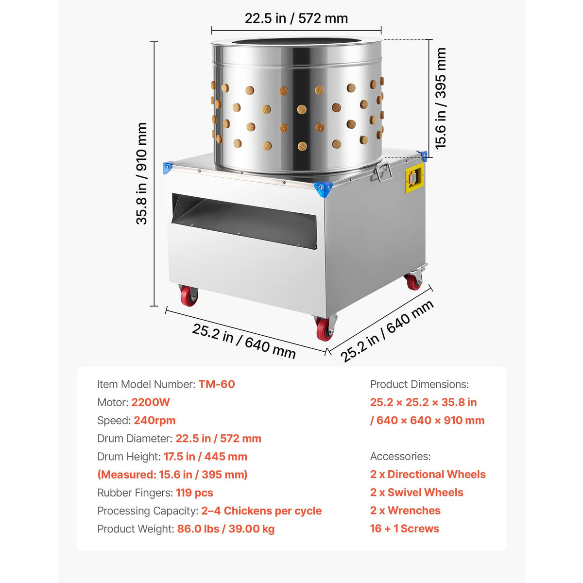 Chicken Plucker Machine, 23.6 in Drum, 2200W & 240RPM Electric Chicken Plucking Machine with 119 Soft Fingers & Transport Wheels, Stainless Steel Feather Remover for Processing 2-4 Chicks Once